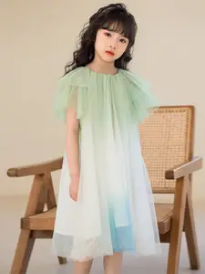 StyleCast Girls White & Green Ombre Dyed Flutter Sleeve Cotton A-Line Midi Dress