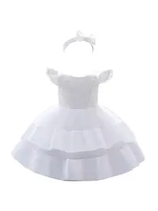 StyleCast White Infant Girls Self Design Layered Balloon Dress With Hairband
