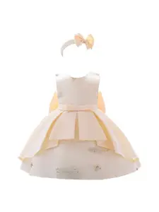 StyleCast Girls Champagne-Coloured Embellished Pleated Balloon Dress with Hairband