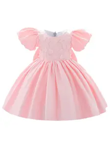 StyleCast Girls Pink Floral Embroidered Puff Sleeve Bow Detailed Fit & Flare Dress