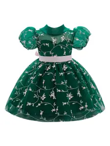 StyleCast Girls Green Floral Printed Puff Sleeve Fit & Flare Dress