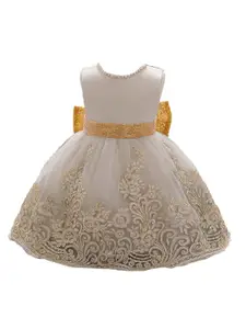 StyleCast Girls Champagne Ethnic Motifs Embroidered Fit & Flare Balloon Dress