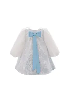StyleCast Blue & White Girls Self Design Puff Sleeves Bow Detail A-Line Dress