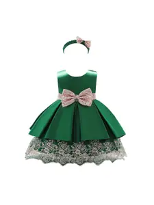 StyleCast Green Girls Round Neck Bow Detail Satin Fit & Flare Dress