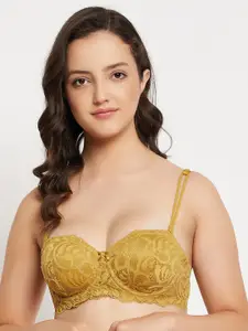 Clovia Yellow Lace Full Coverage Lightly Padded Balconette Bra With All Day Comfort