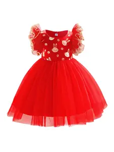 StyleCast Red Graphic Printed Round Neck Flutter Sleeve Ruffled Fit & Flare Dress