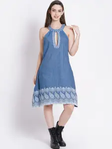 SUMAVI-FASHION Ethnic Motifs Embroidered Keyhole Neck Organic Cotton Denim A-Line Dress