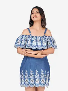 SUMAVI-FASHION Floral Embroidered Shoulder Straps Organic Cotton Denim A-Line Mini Dress