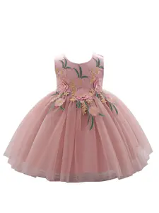 StyleCast Girls Pink Floral Self Design Gathered Applique Balloon Dress