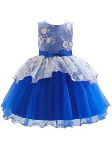StyleCast Girls Blue Floral Self Design Layered Fit & Flare Dress