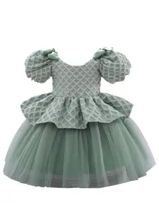 StyleCast Green Girls Self Designed Puff Sleeve Ruffled Balloon Dress