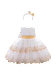 StyleCast Girls White & Brown Floral Embroidered Balloon Mini Dress With Hairband