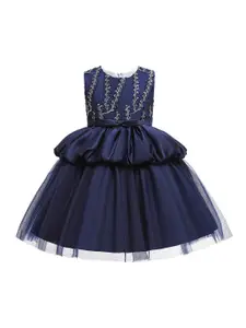 StyleCast Girls Navy Blue Floral Embroidered Sleeveless Bow Balloon Dress