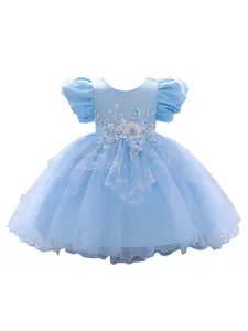 StyleCast Girls Blue Embellished Puff Sleeve Cotton Fit & Flare Dress
