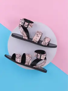 Mochi Printed Open Toe Flats With Ankle Loop