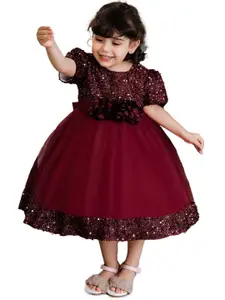 StyleCast Maroon & rosewood Puff Sleeve Applique Fit & Flare Midi Dress