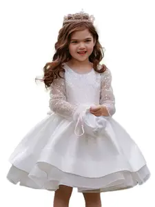 StyleCast Girls White Sequin Embellished Puff Sleeves Bow Detailed Fit & Flare Dress
