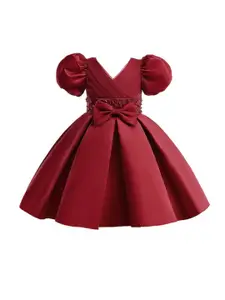 StyleCast Girls Red Embellished Puff Sleeves Bow Detailed Fit & Flare Dress