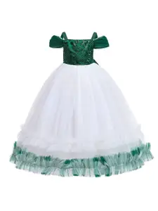 StyleCast Girls Green & White Embroidered Sequinned Bow Gown Dress