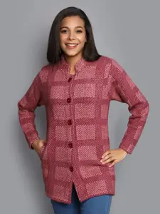 V-Mart Geometric Self Design Cotton Longline Front-Open Sweater