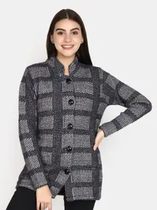 V-Mart Checked Mandarin Collar Cotton Longline Cardigan Sweater