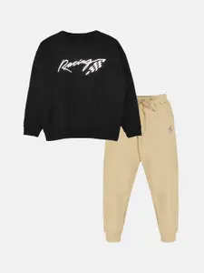 KiddoPanti Boys Typography Printed Fleece Sweatshirt With Joggers