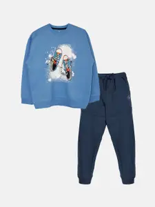 KiddoPanti Boys Graphic Printed Fleece Sweatshirt With Joggers