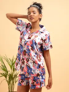 Clovia Blue & Pink Floral Printed Shirt With Shorts
