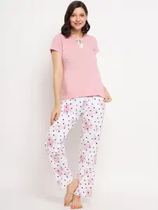 Clovia Pink Polka Dots Printed Pure Cotton Night Suit