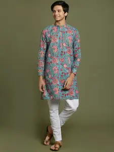 VASTRAMAY Floral Printed Regular Mandarin Collar Pure Cotton Kurta with Pyjamas