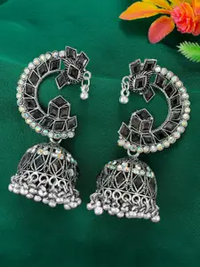 PRIVIU Silver-Plated Dome Shaped Stone Studded & Beaded Jhumkas