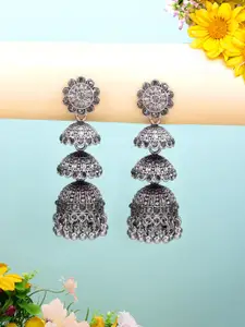 PRIVIU Oxidised Stone-Studded Dome Shaped Layered Jhumkas Earrings