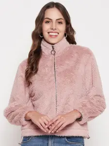 Madame Self Design High Neck Pure Cotton Front-Open Sweatshirt