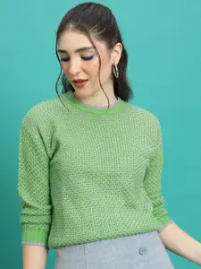 Tokyo Talkies Green Open Knit Two Tone Waffle Knit Self Design Acrylic Pullover Sweater