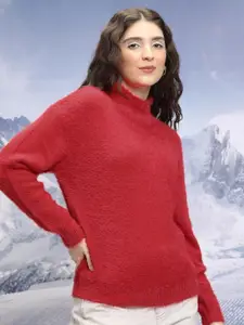 Tokyo Talkies Red Turtle Neck Acrylic Pullover Sweater