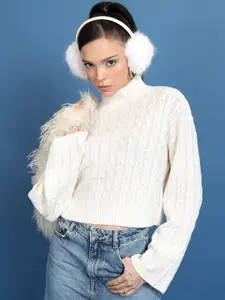 Tokyo Talkies White Cable Knit Self Design Acrylic Crop Pullover