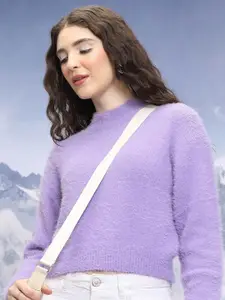 Tokyo Talkies Purple High Neck Acrylic Crop Pullover Sweater