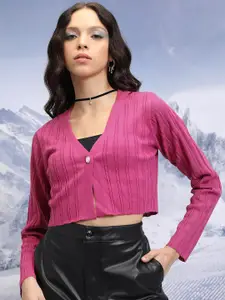 Tokyo Talkies Pink Open Knit V-Neck Long Sleeves Acrylic Crop Cardigan Sweater