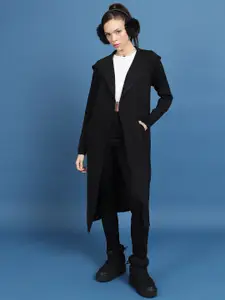 Tokyo Talkies Black Hooded Acrylic Front Open Longline Sweater