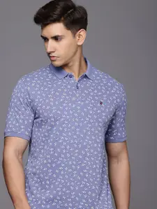 Louis Philippe Jeans Floral Printed Polo Collar Pure Cotton Slim Fit T-shirt