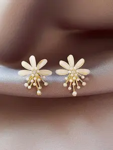 Shining Diva Fashion Gold Plated Pearls Floral Stud Earrings
