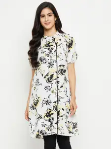BAESD Floral Printed Band Collar Roll-Up Sleeves A-Line Kurti