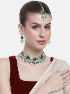 Peora Women Gold-Plated Kundan Studded Choker Necklace with Earrings and Maangtikka