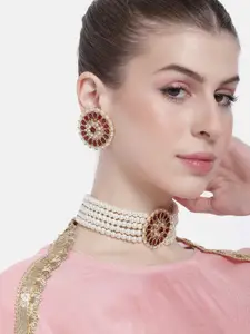Peora Women Gold-Plated Kundan Studded & Beaded Choker Necklace with Earrings