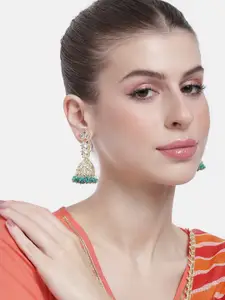 Peora Women Gold-Plated Kundan Studded & Beaded Dome Shaped Jhumkas Earrings