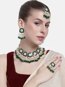 Peora Women Gold-Plated Kundan Studded Necklace with Earrings and Maangtikka