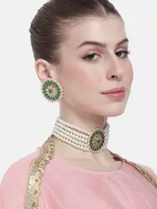 Peora Women Gold-Plated Kundan Studded & Beaded Choker Necklace with Earrings