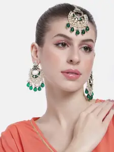 Peora Women Gold-Plated Kundan Studded Dangle Earrings & Maangtikka Set