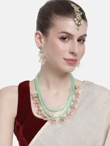 Peora Women Gold-Plated Bead Studded Layered Necklace with Earrings and Maangtikka