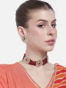Peora Women Gold-Plated Kundan Studded Layered Choker Necklace with Earrings